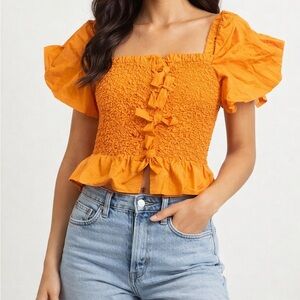 Anthropologie Mare Mare Orange Smock Bow Tie Crop Top Blouse Flutter Sleeve NWT